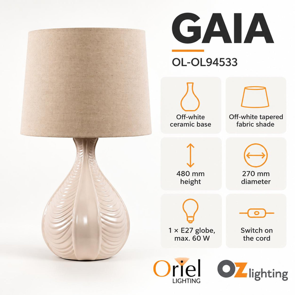 Oriel GAIA Table Lamp - Textured Ceramic-Oriel Lighting-Ozlighting.com.au