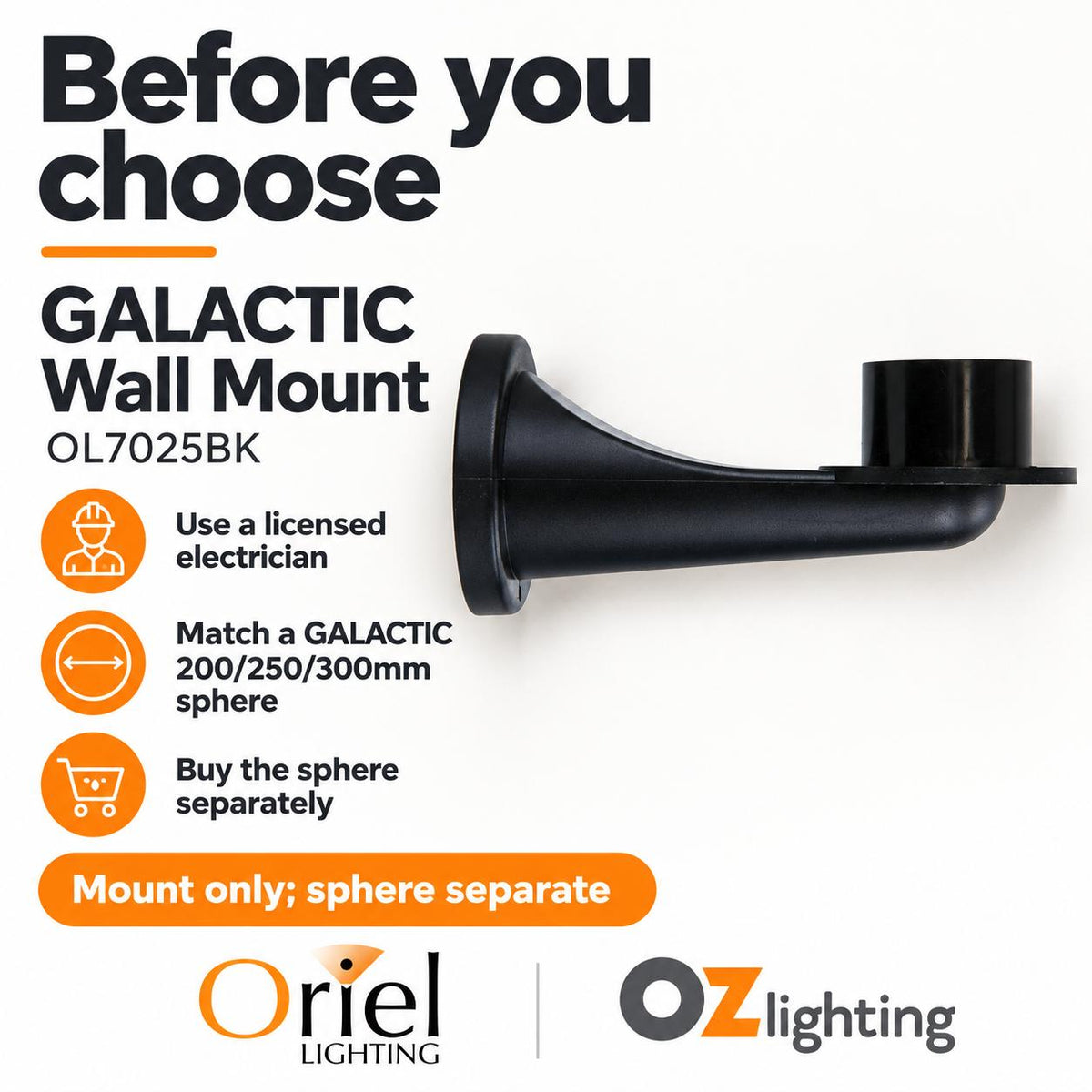 Oriel GALACTIC Mount Accessory - Wall, for Galactic Sphere Series-Oriel Lighting-Ozlighting.com.au