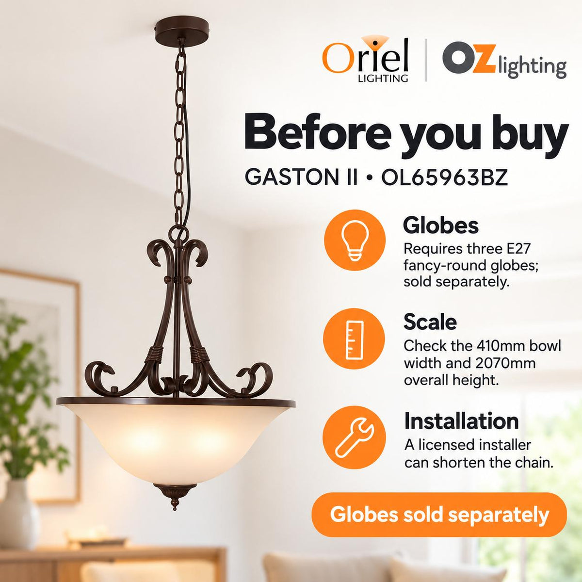 Oriel GASTON II Pendant - 3 Light Traditional-Oriel Lighting-Ozlighting.com.au