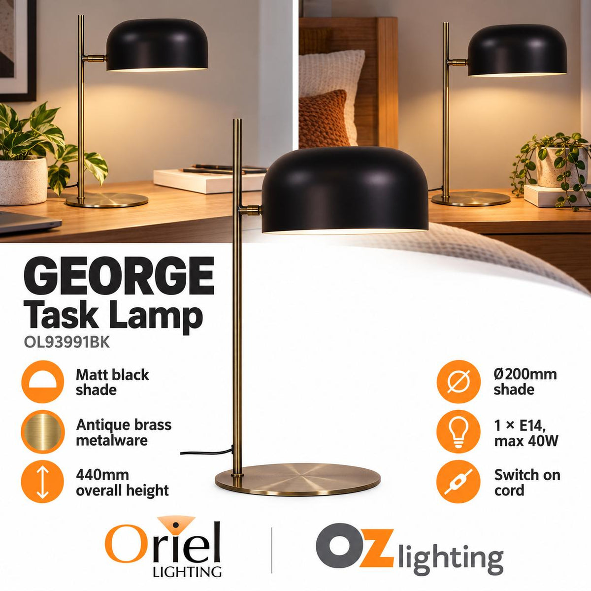 Oriel GEORGE Desk Lamp - Metal Mid-Century-Oriel Lighting-Ozlighting.com.au