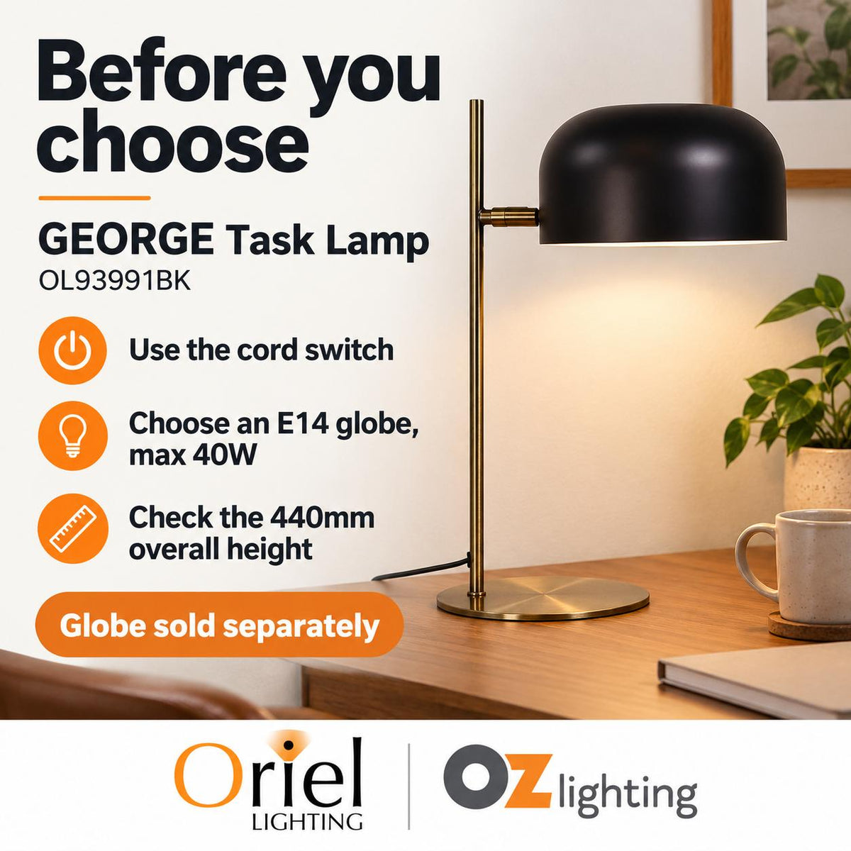 Oriel GEORGE Desk Lamp - Metal Mid-Century-Oriel Lighting-Ozlighting.com.au