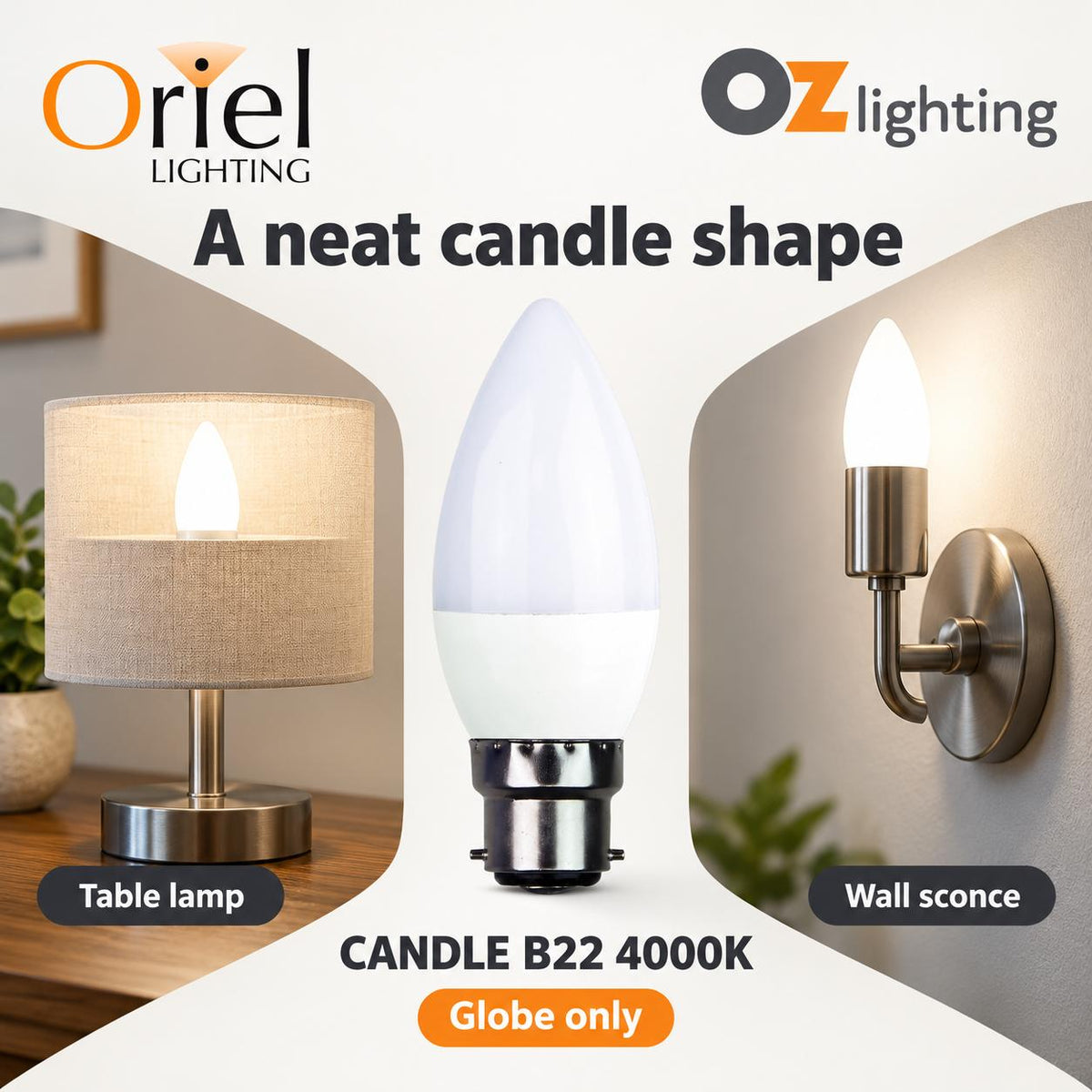 Oriel GLOBE-CANDLE LED Globe - 5W, Non-Dimmable Candle Shape, B15/B22/E14-Oriel Lighting-Ozlighting.com.au