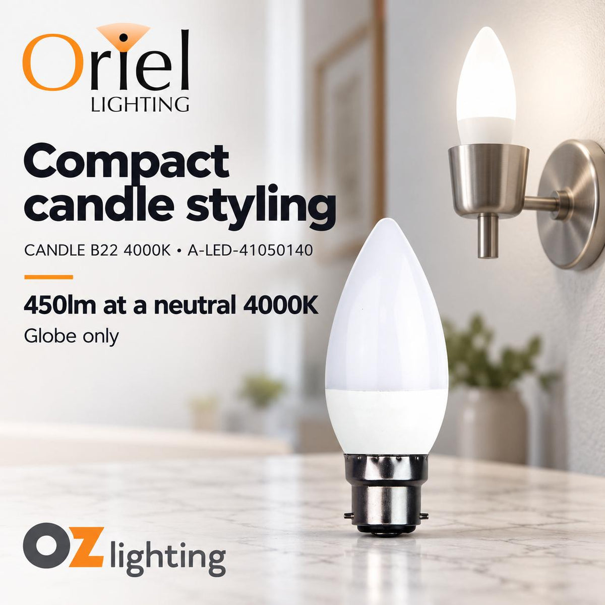 Oriel GLOBE-CANDLE LED Globe - 5W, Non-Dimmable Candle Shape, B15/B22/E14-Oriel Lighting-Ozlighting.com.au