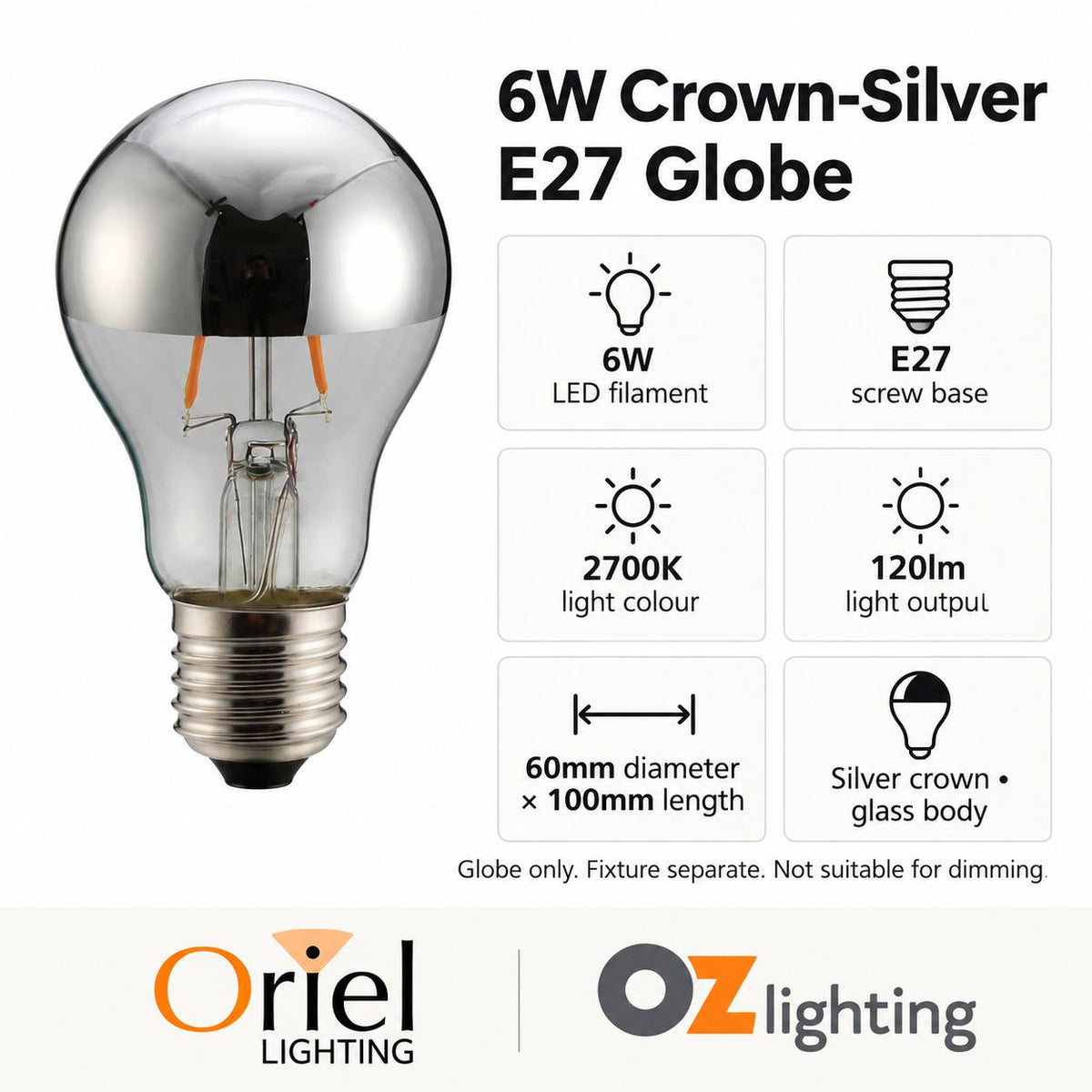 Oriel GLOBE-CROWN LED Globe - 6W, GLS A60 Shape Crown Silver Decorative Glass, 2700K, E27-Oriel Lighting-Ozlighting.com.au