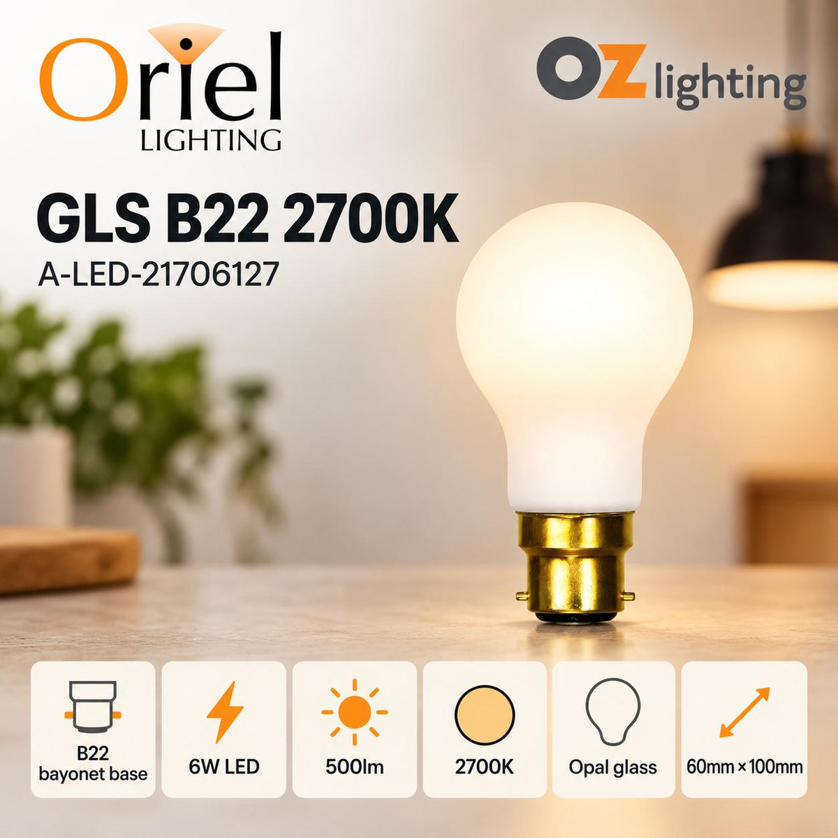 Oriel GLOBE-GLS LED Globe - 6W, Dimmable GLS A60 Shape Matt Frosted Glass, B22/E27-Oriel Lighting-Ozlighting.com.au