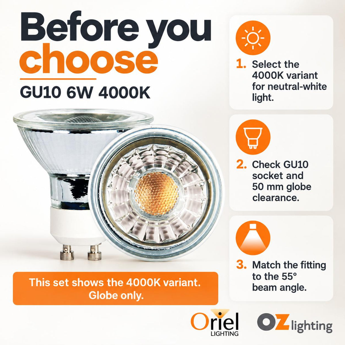 Oriel GLOBE-GU10 LED Globe - 6W, Smart Energy Management GU10 Shape Glass-Oriel Lighting-Ozlighting.com.au
