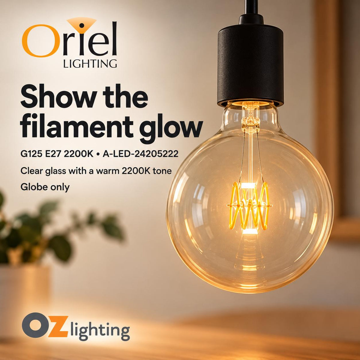 Oriel GLOBE-LF-G125 LED Globe - 5W, Dimmable G125 Spherical Shape Filament Clear Glass, 2200K, E27-Oriel Lighting-Ozlighting.com.au