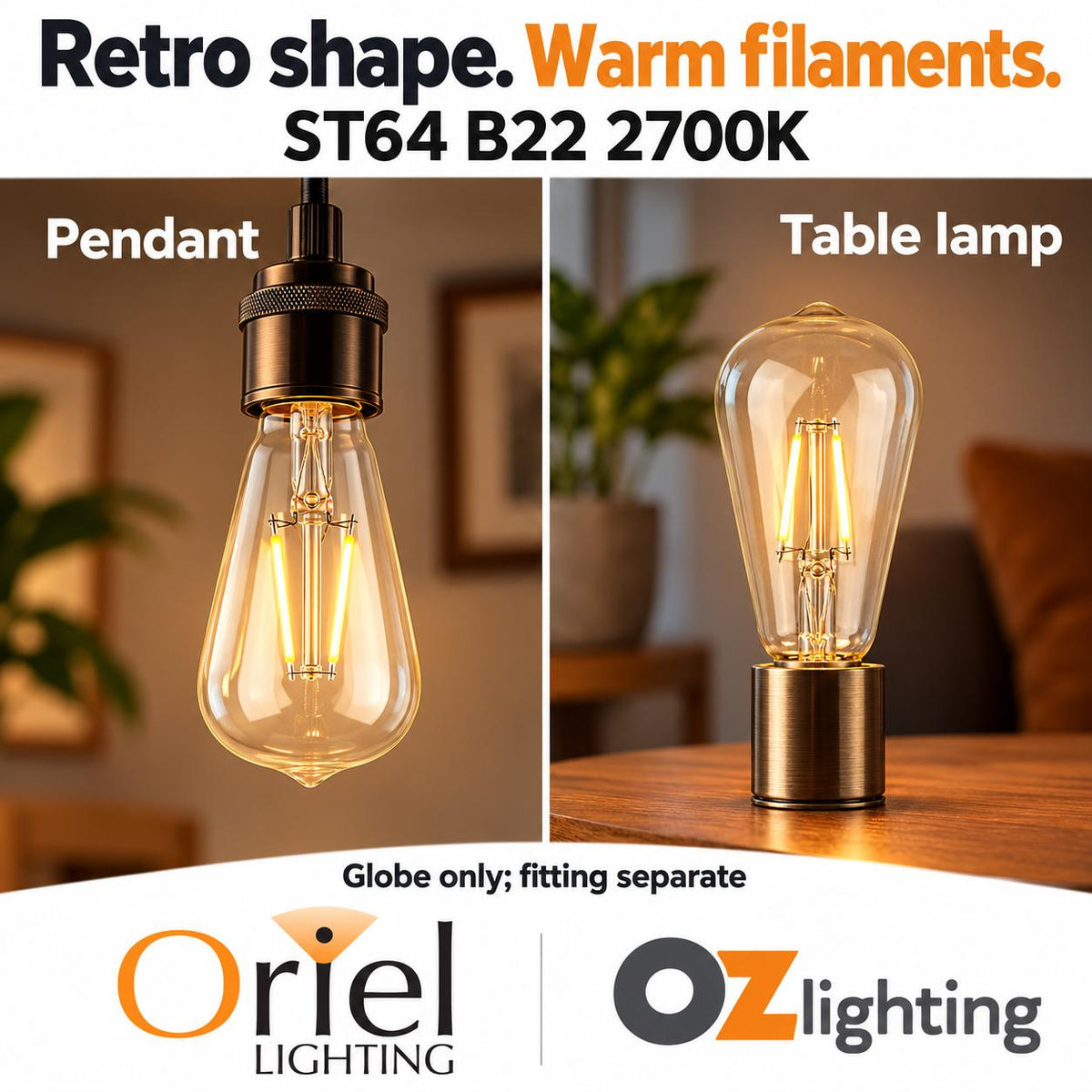 Oriel GLOBE-LF-ST64 LED Globe - 4W, Dimmable Pear ST64 Shape Filament Clear, 2700K, B22/E27-Oriel Lighting-Ozlighting.com.au