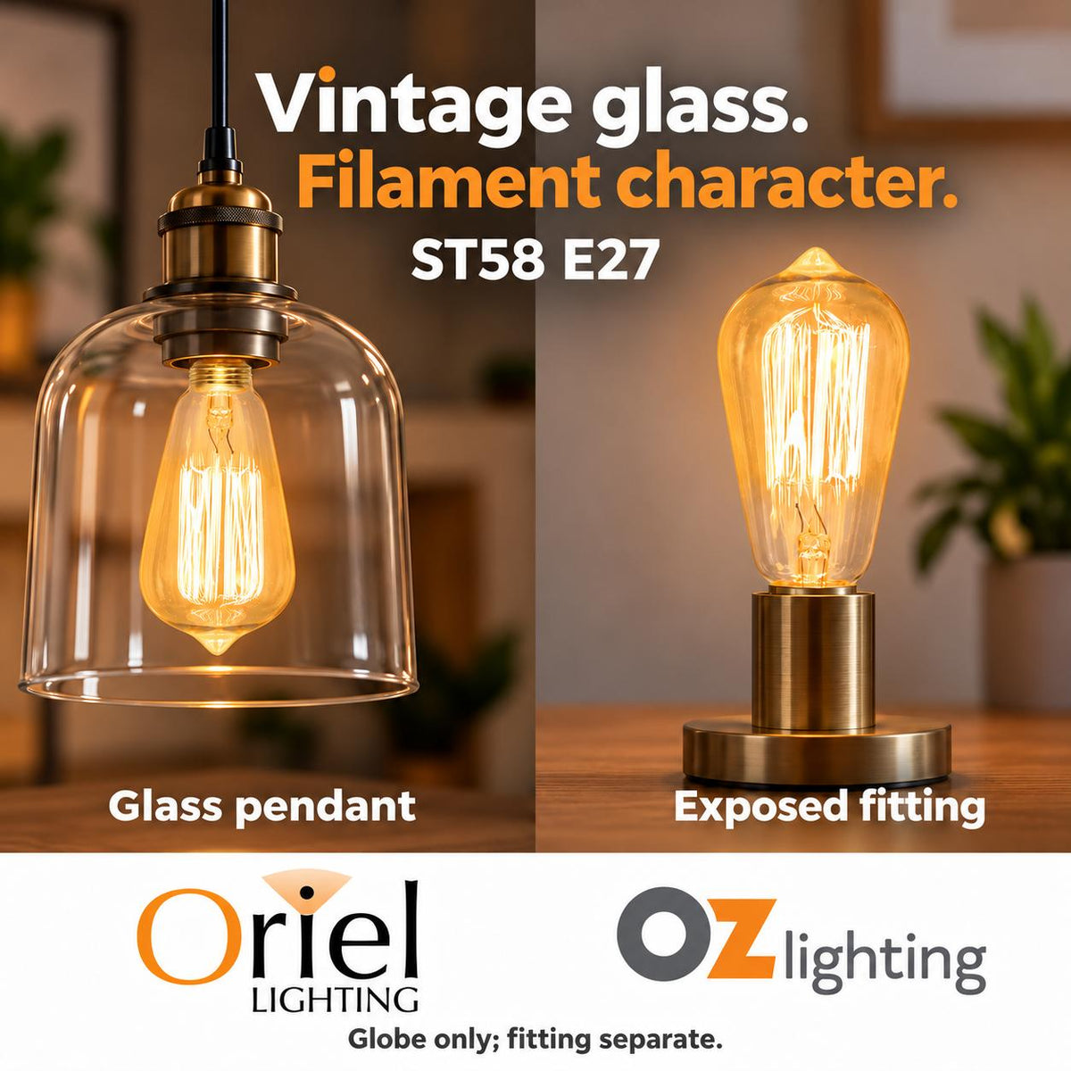 Oriel GLOBE-VINTAGE-ST58 Lamp - 25W, Filament, B22/E14/E27-Oriel Lighting-Ozlighting.com.au