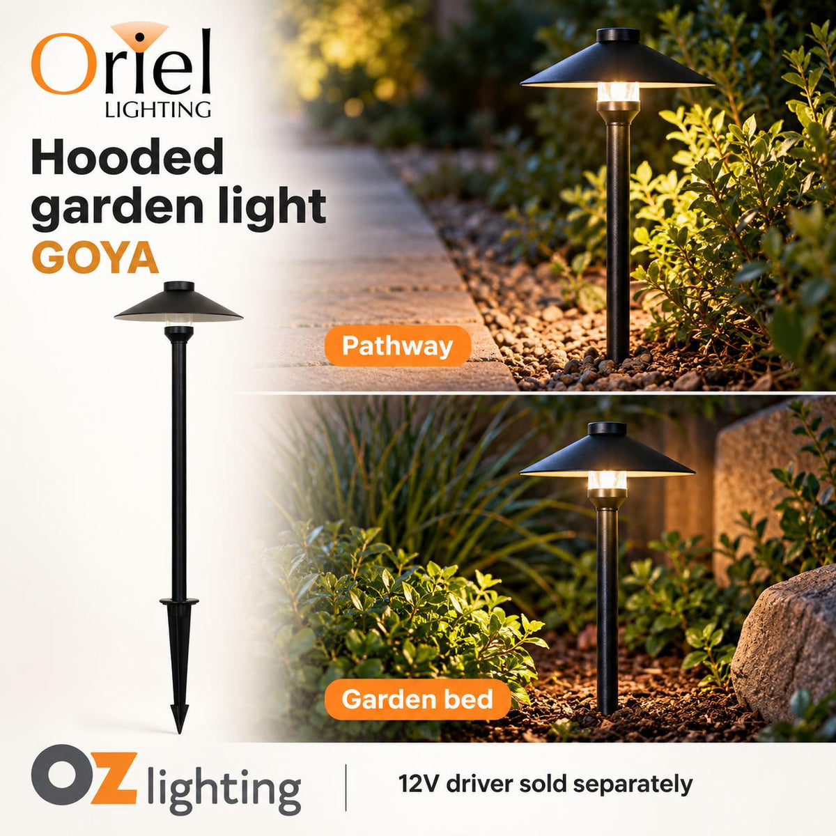 Oriel GOYA Outdoor Spike Light - G4 12V DC Garden Hooded, IP44 - DRIVER REQUIRED-Oriel Lighting-Ozlighting.com.au