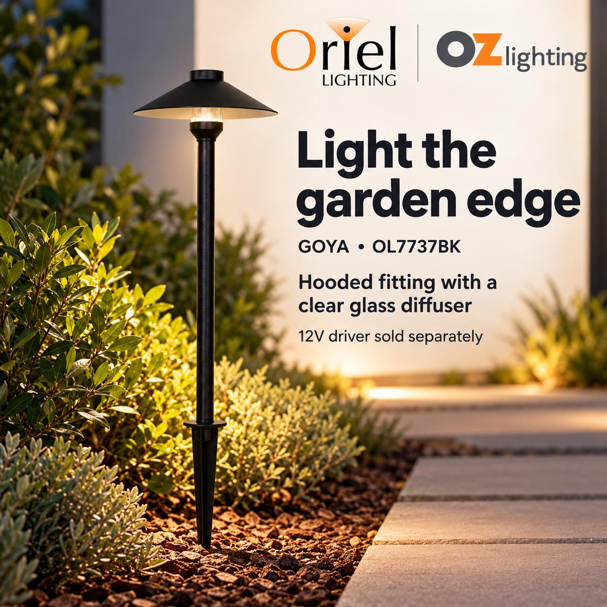 Oriel GOYA Outdoor Spike Light - G4 12V DC Garden Hooded, IP44 - DRIVER REQUIRED-Oriel Lighting-Ozlighting.com.au