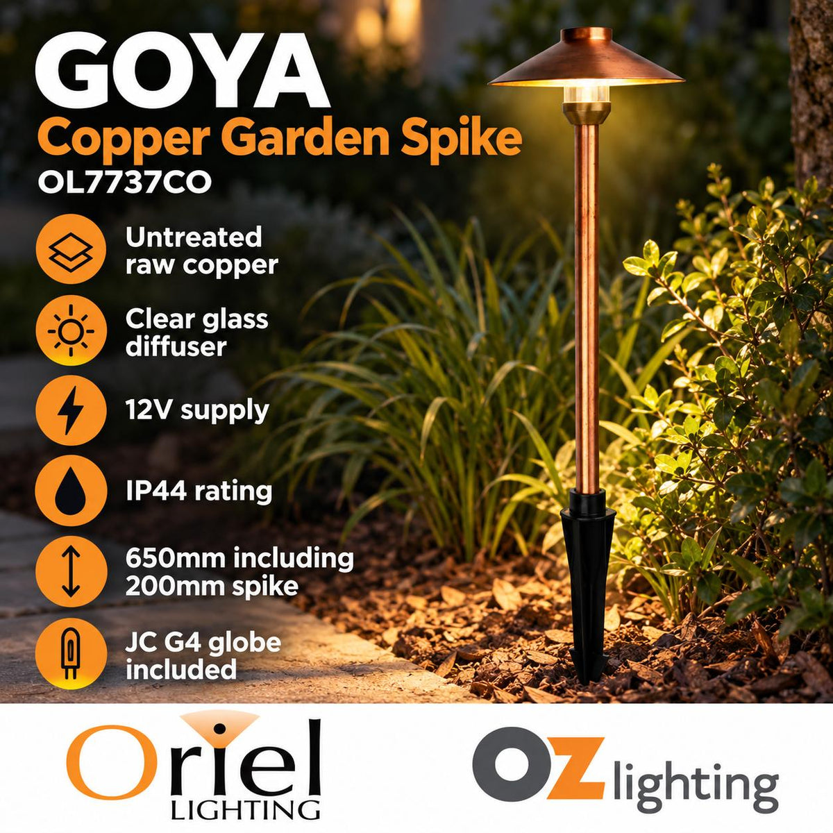 Oriel GOYA Outdoor Spike Light - G4 12V DC Hooded, IP44, Copper - DRIVER REQUIRED-Oriel Lighting-Ozlighting.com.au