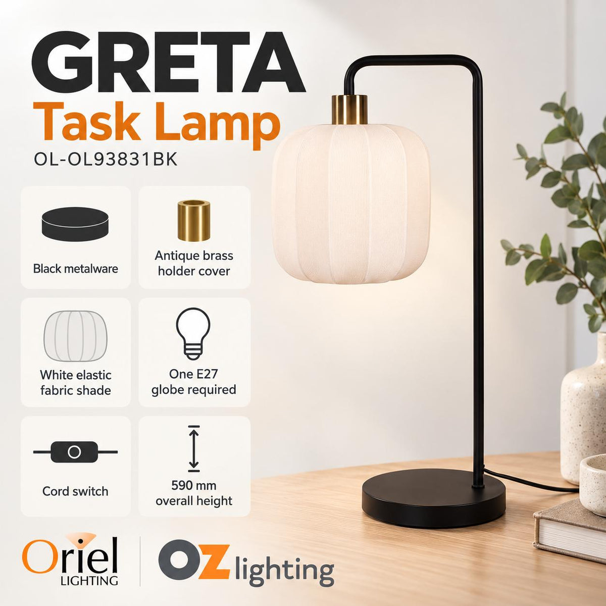 Oriel GRETA Task Lamp - Max. 42W, Decorative-Oriel Lighting-Ozlighting.com.au