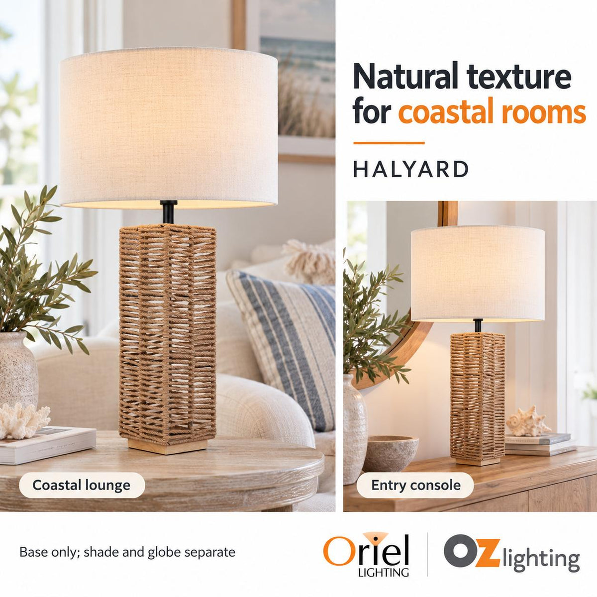 Oriel HALYARD Table Lamp Base Only - Natural Rope-Oriel Lighting-Ozlighting.com.au