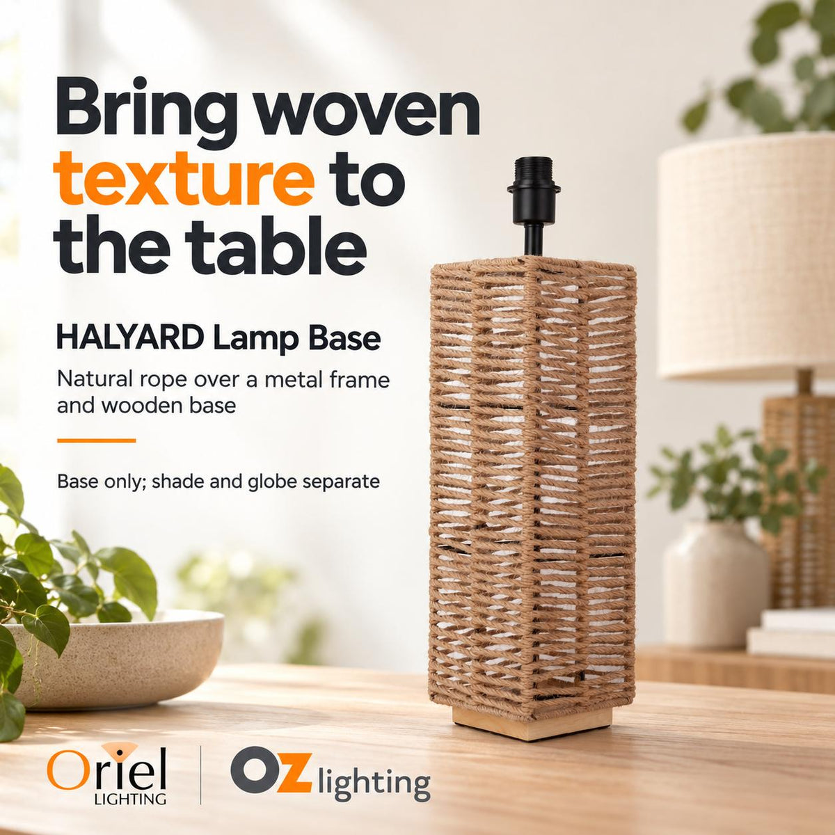 Oriel HALYARD Table Lamp Base Only - Natural Rope-Oriel Lighting-Ozlighting.com.au