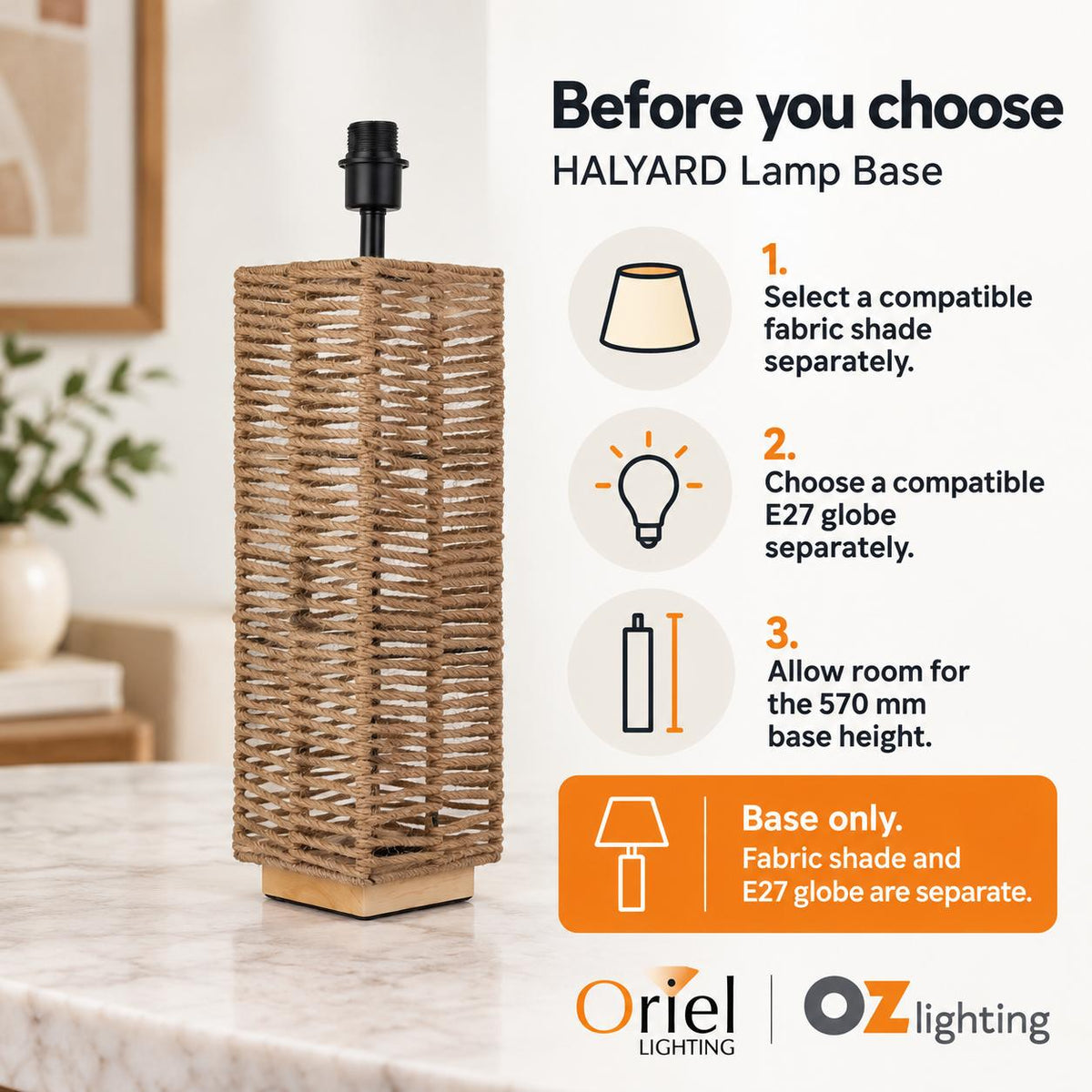 Oriel HALYARD Table Lamp Base Only - Natural Rope-Oriel Lighting-Ozlighting.com.au