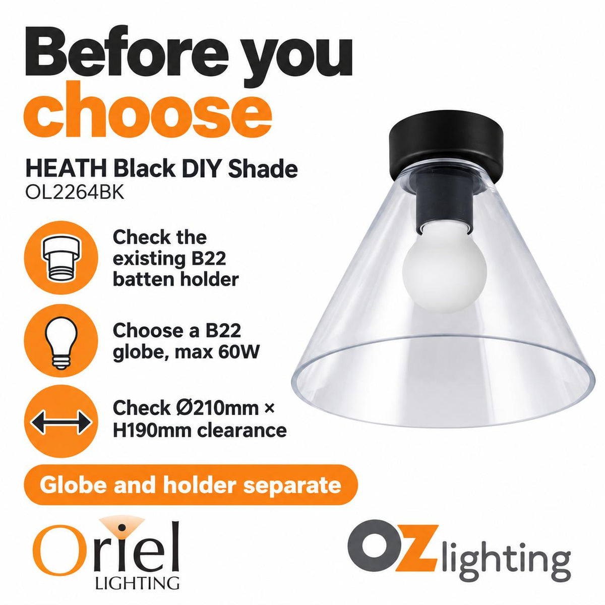 Oriel HEATH DIY Batten-Fix Ceiling Shade - Clear Glass, Fits Existing B22 Holder-Oriel Lighting-Ozlighting.com.au
