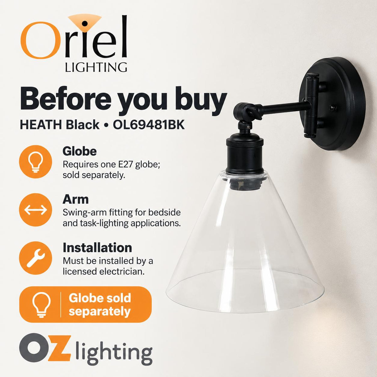 Oriel HEATH Wall Light - Swing Arm Clear Glass-Oriel Lighting-Ozlighting.com.au