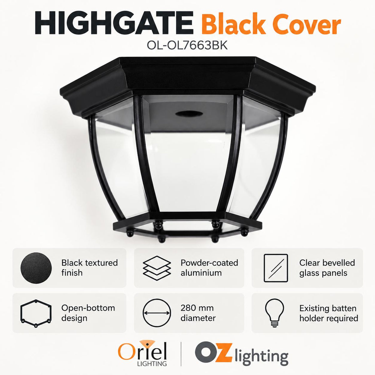 Oriel HIGHGATE DIY Batten Fix - Holder Cover Traditional Under Eave Outdoor Ceiling Light Shade Only-Oriel Lighting-Ozlighting.com.au
