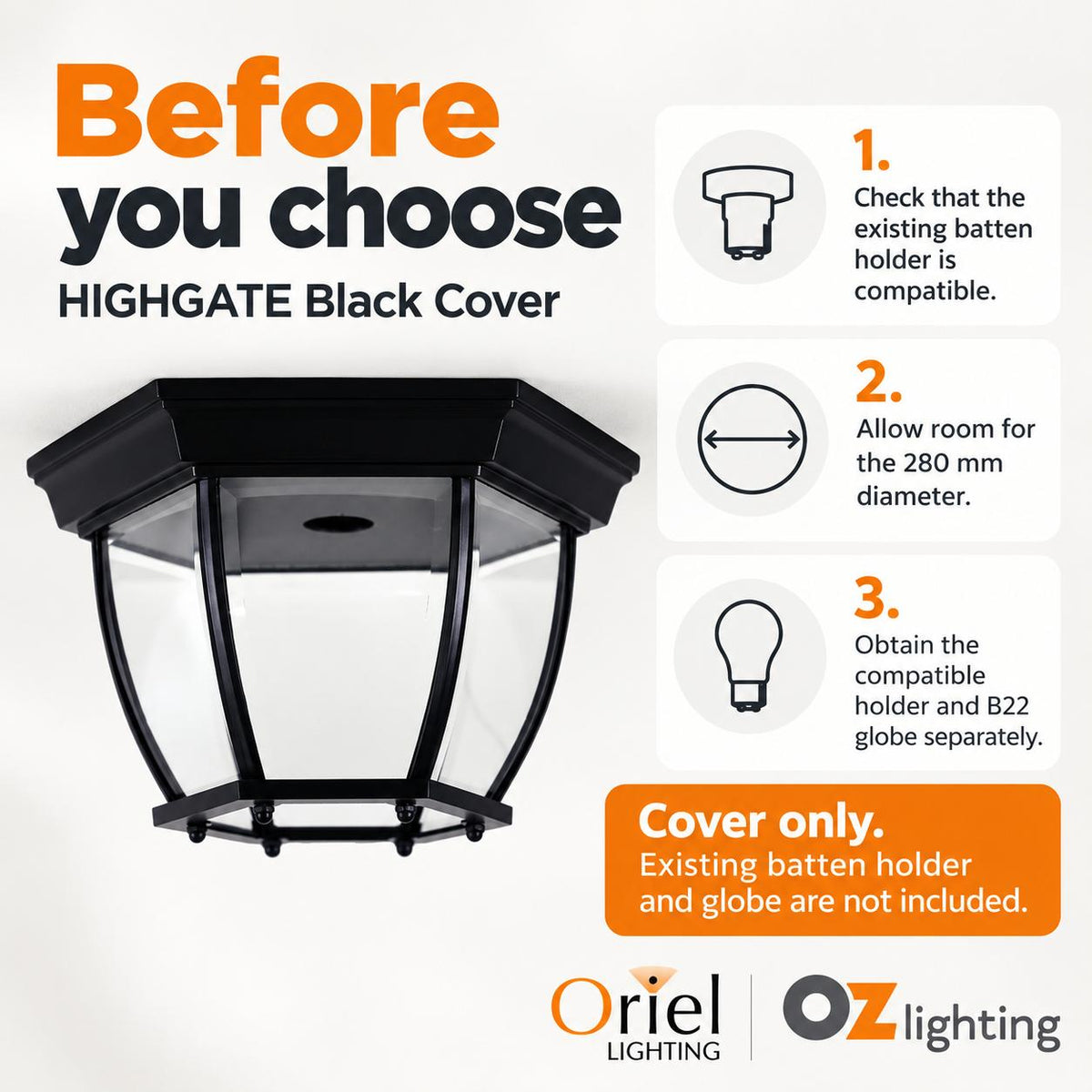 Oriel HIGHGATE DIY Batten Fix - Holder Cover Traditional Under Eave Outdoor Ceiling Light Shade Only-Oriel Lighting-Ozlighting.com.au