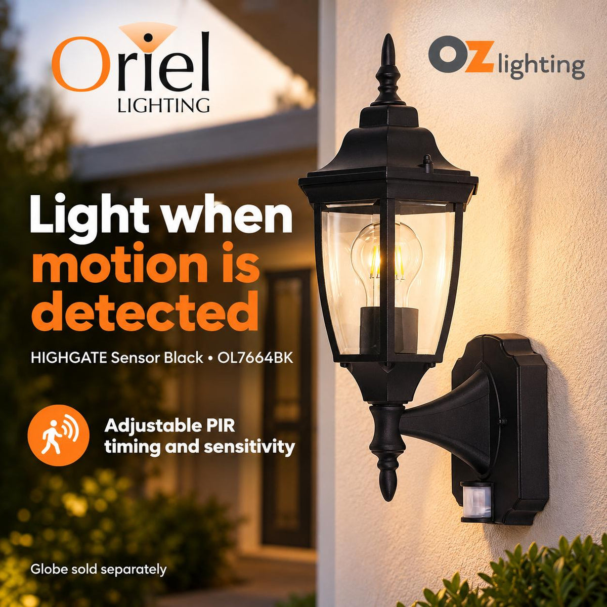 Oriel HIGHGATE Outdoor Light - Max. 42W, with Motion Sensor-Oriel Lighting-Ozlighting.com.au