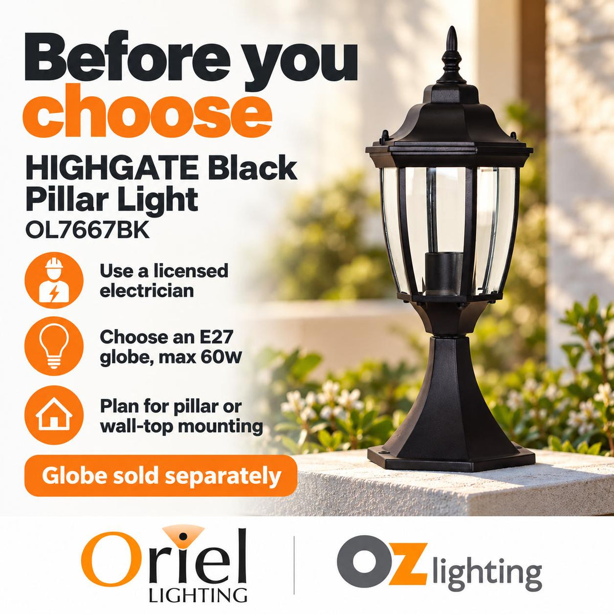 Oriel HIGHGATE Pillar Mounted Outdoor Light-Oriel Lighting-Ozlighting.com.au