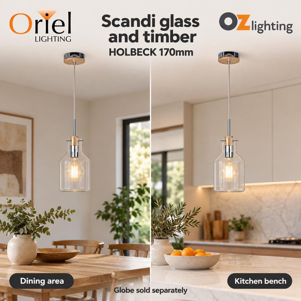 Oriel HOLBECK Pendant - 1 Light Clear Glass and Timber-Oriel Lighting-Ozlighting.com.au