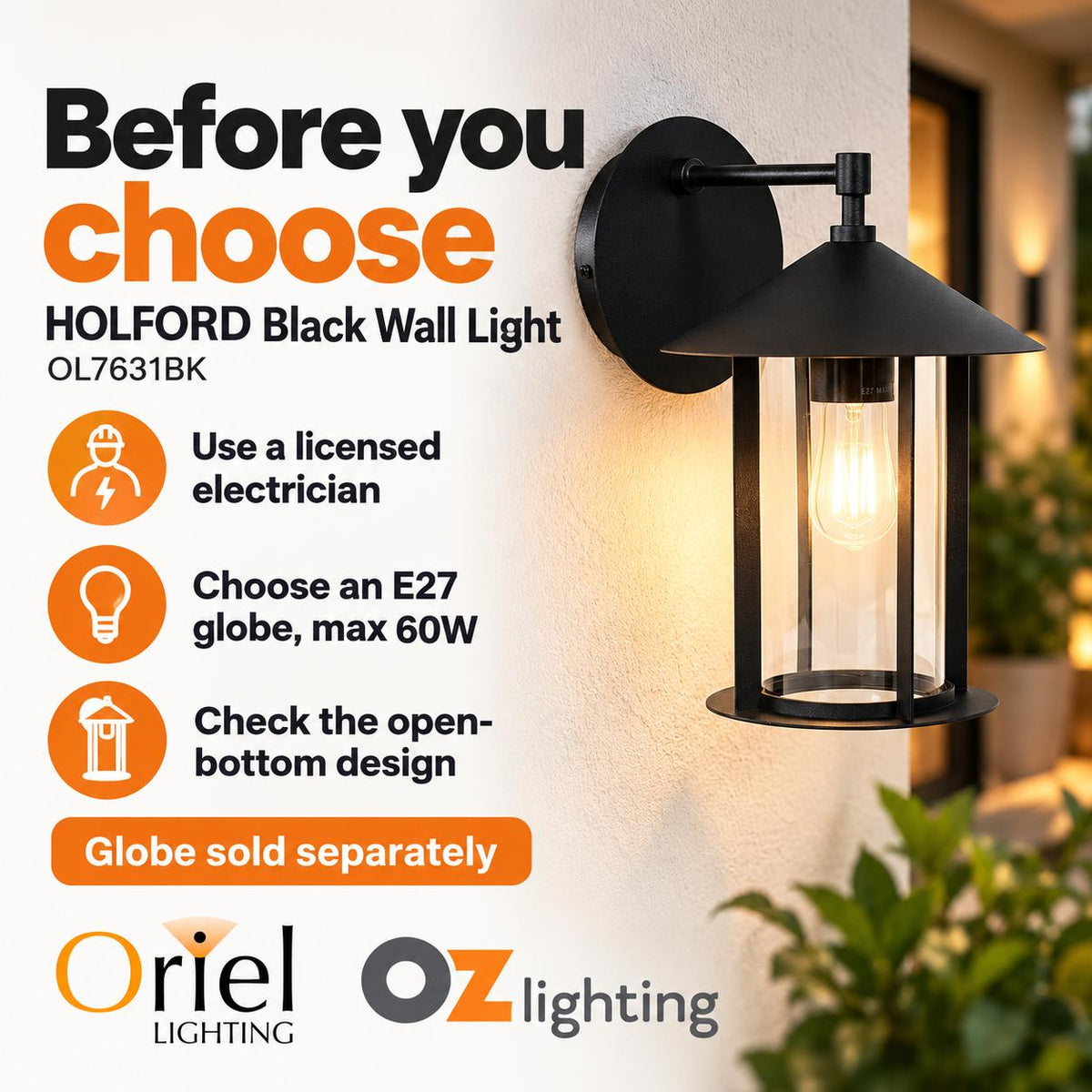 Oriel HOLFORD Outdoor Wall Light - Max. 60W-Oriel Lighting-Ozlighting.com.au