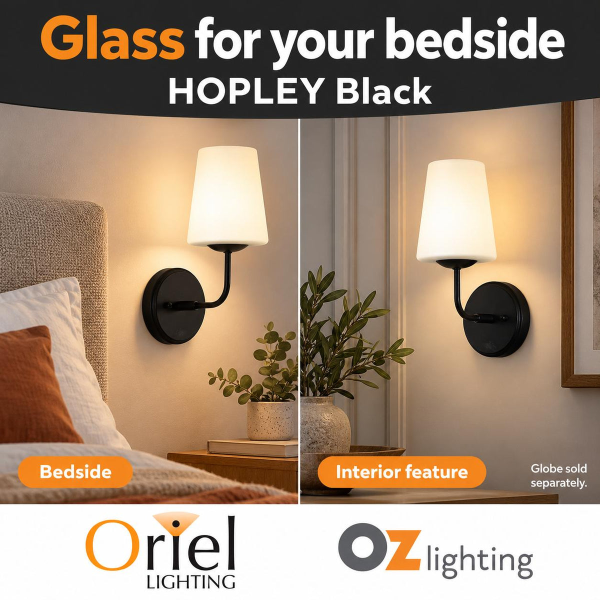 Oriel HOPLEY Wall Light - Tapered Glass Bedside-Oriel Lighting-Ozlighting.com.au