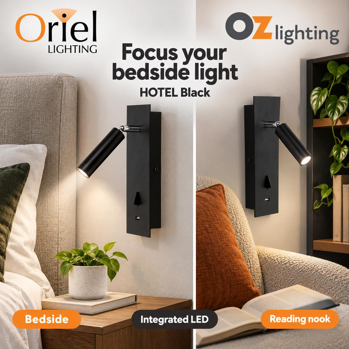 Oriel HOTEL LED Wall Light - 3W, Interior Bedside Focus, Spot with USB Charging IP20, 4000K-Oriel Lighting-Ozlighting.com.au