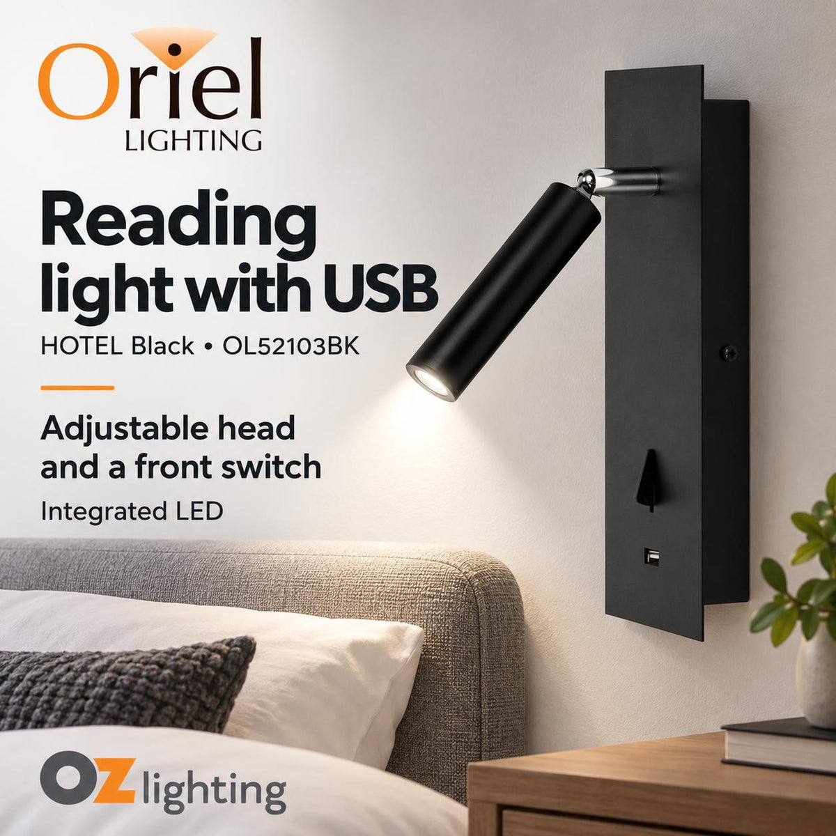 Oriel HOTEL LED Wall Light - 3W, Interior Bedside Focus, Spot with USB Charging IP20, 4000K-Oriel Lighting-Ozlighting.com.au