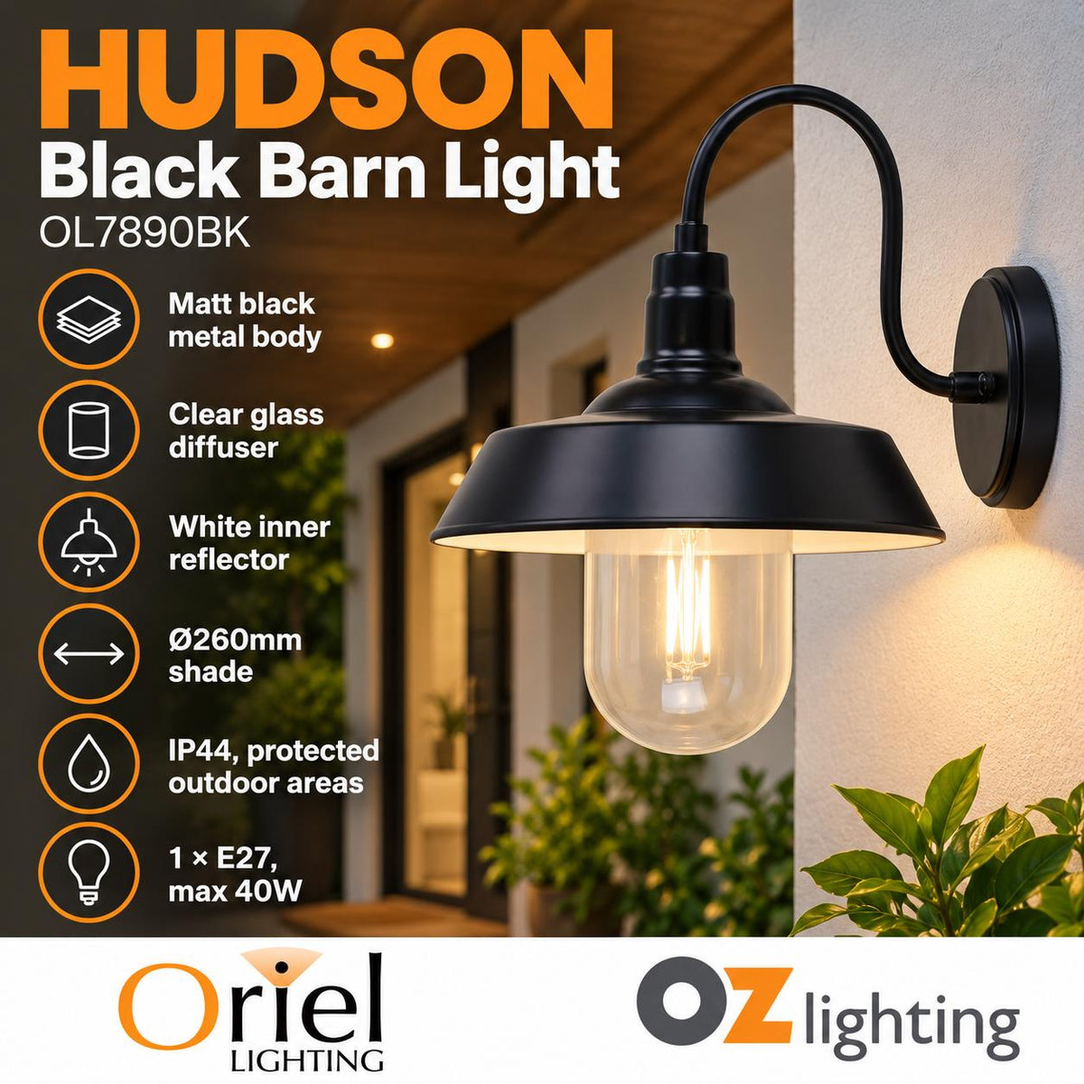 Oriel HUDSON Outdoor Wall Light - 1 Light Barn Style, IP44-Oriel Lighting-Ozlighting.com.au