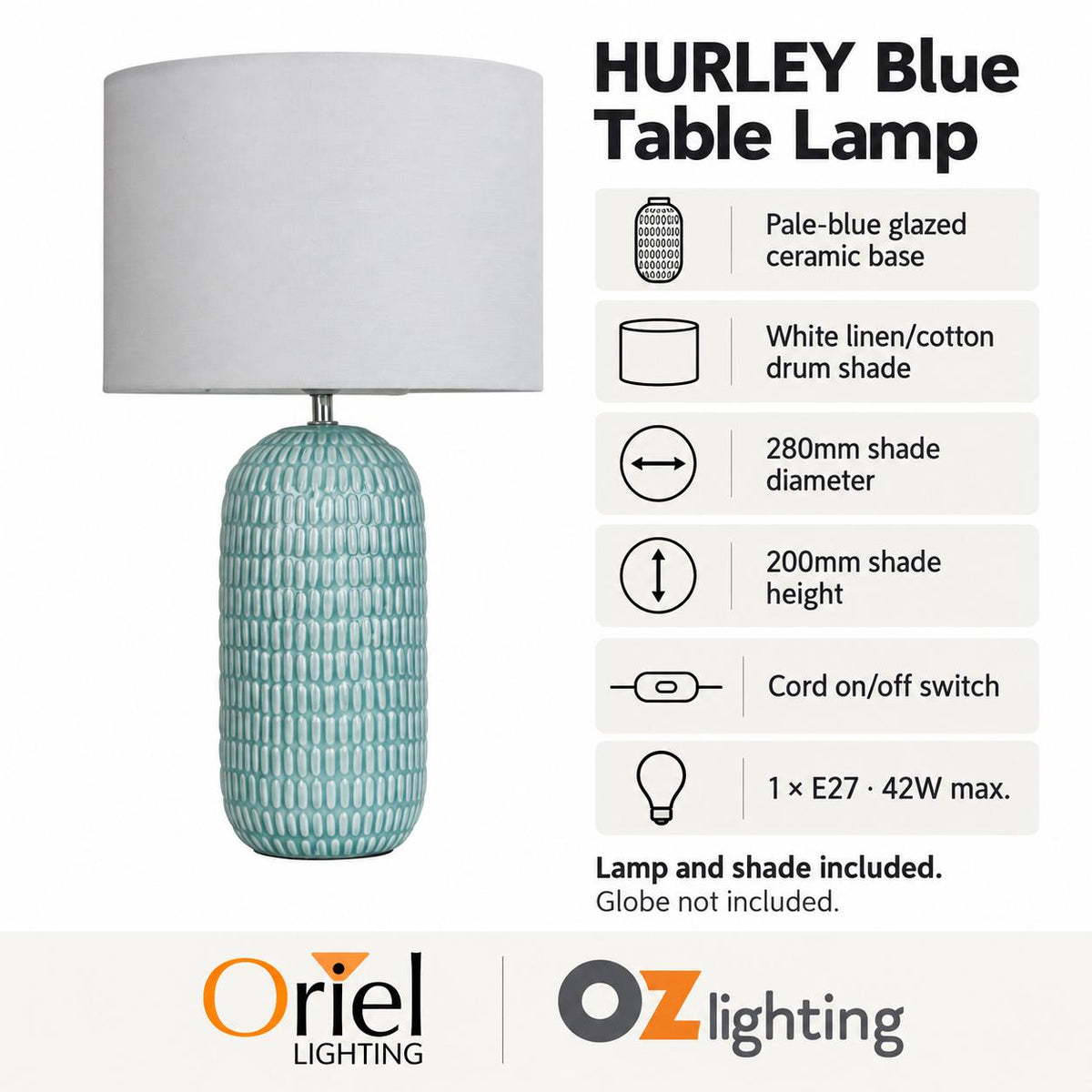 Oriel HURLEY Table Lamp - Ceramic, with Shade-Oriel Lighting-Ozlighting.com.au