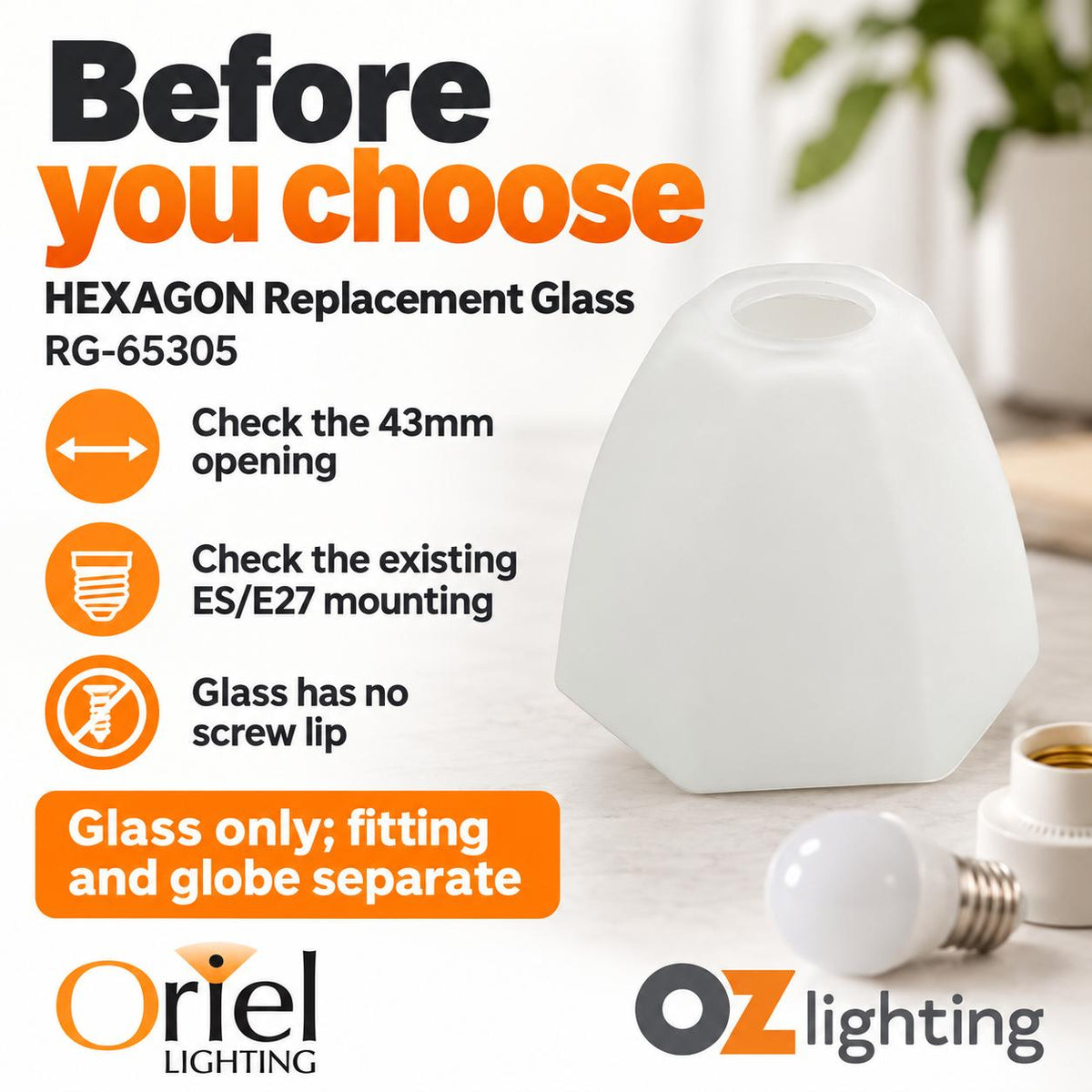 Oriel Hexagon Replacement Glass - 14cm-Oriel Lighting-Ozlighting.com.au