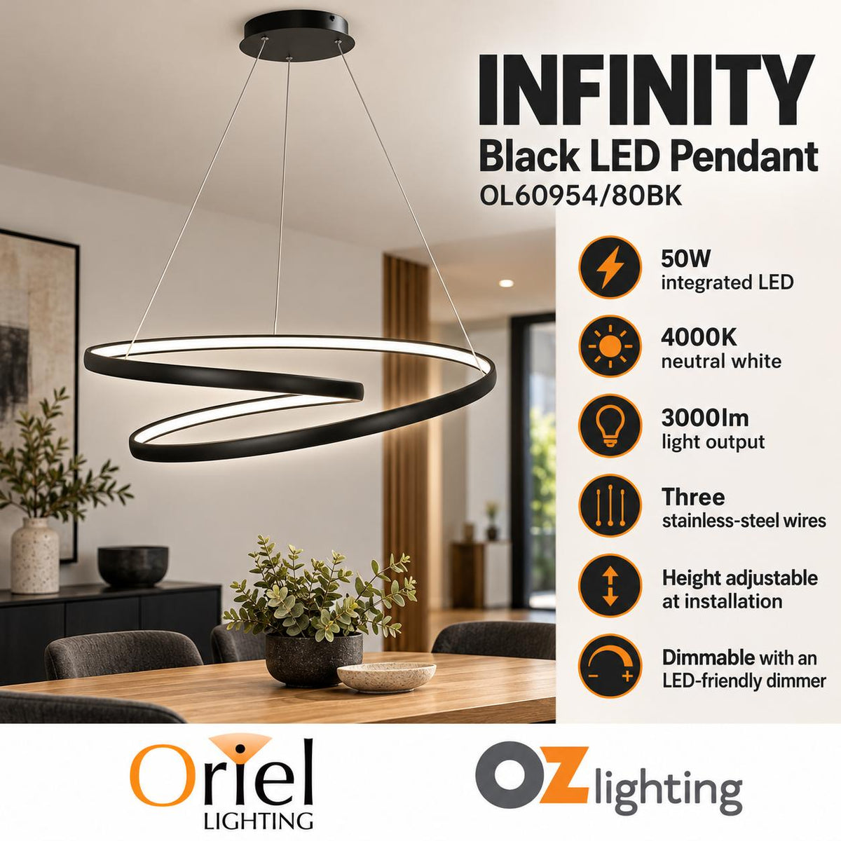 Oriel INFINITY LED Pendant - 50W, Modern Spiral Ring, 4000K-Oriel Lighting-Ozlighting.com.au