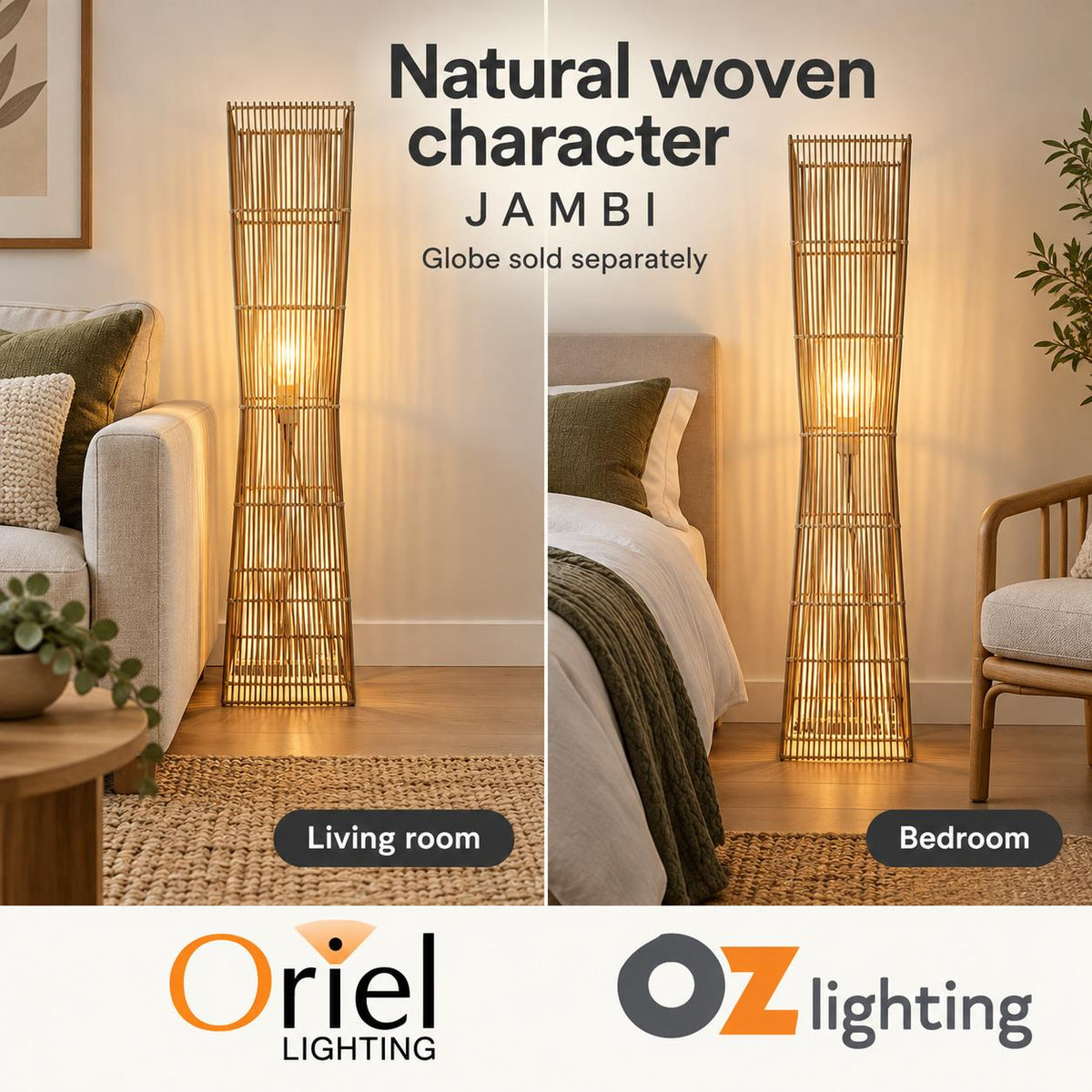 Oriel JAMBI Floor Lamp - Rattan Cane-Oriel Lighting-Ozlighting.com.au