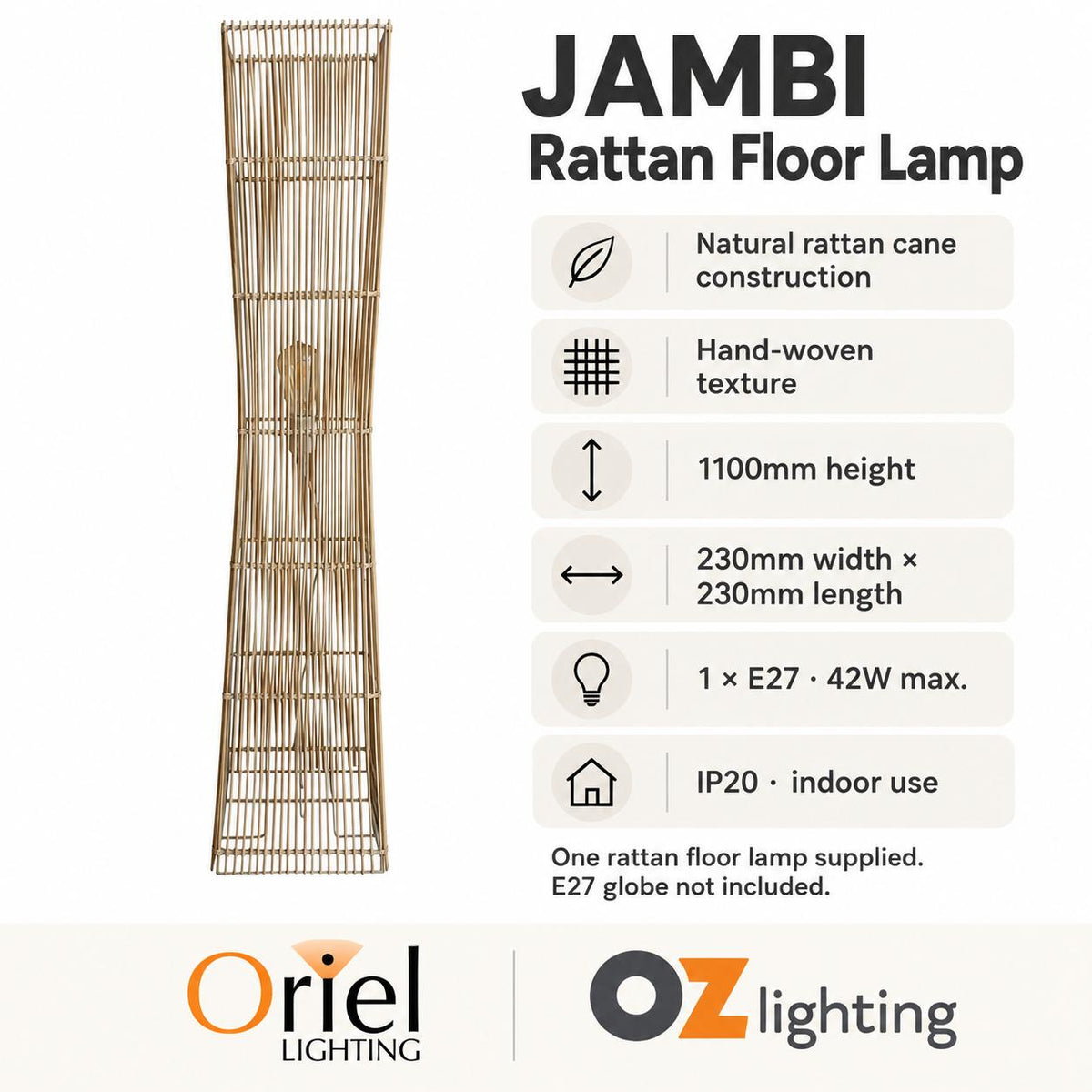 Oriel JAMBI Floor Lamp - Rattan Cane-Oriel Lighting-Ozlighting.com.au