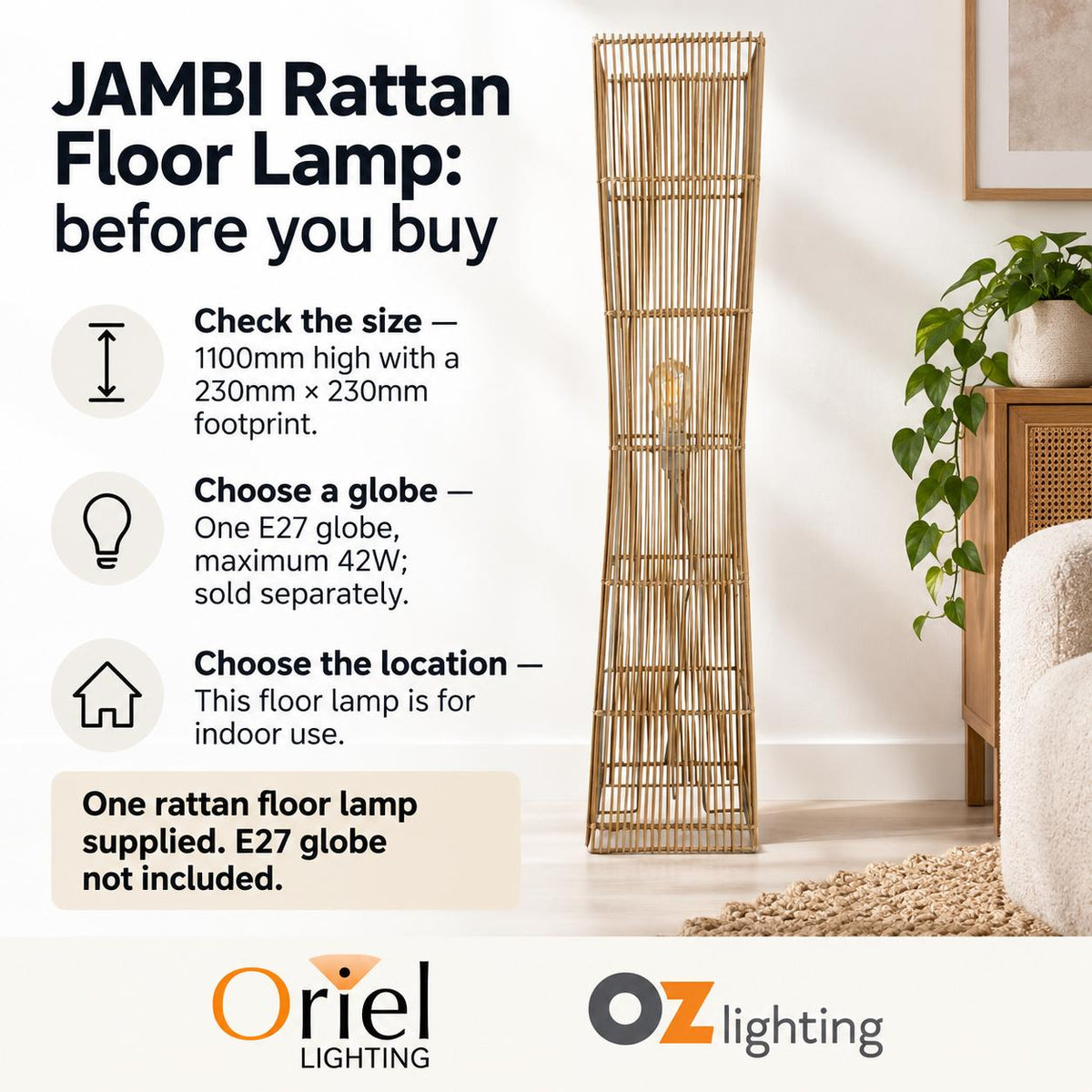 Oriel JAMBI Floor Lamp - Rattan Cane-Oriel Lighting-Ozlighting.com.au