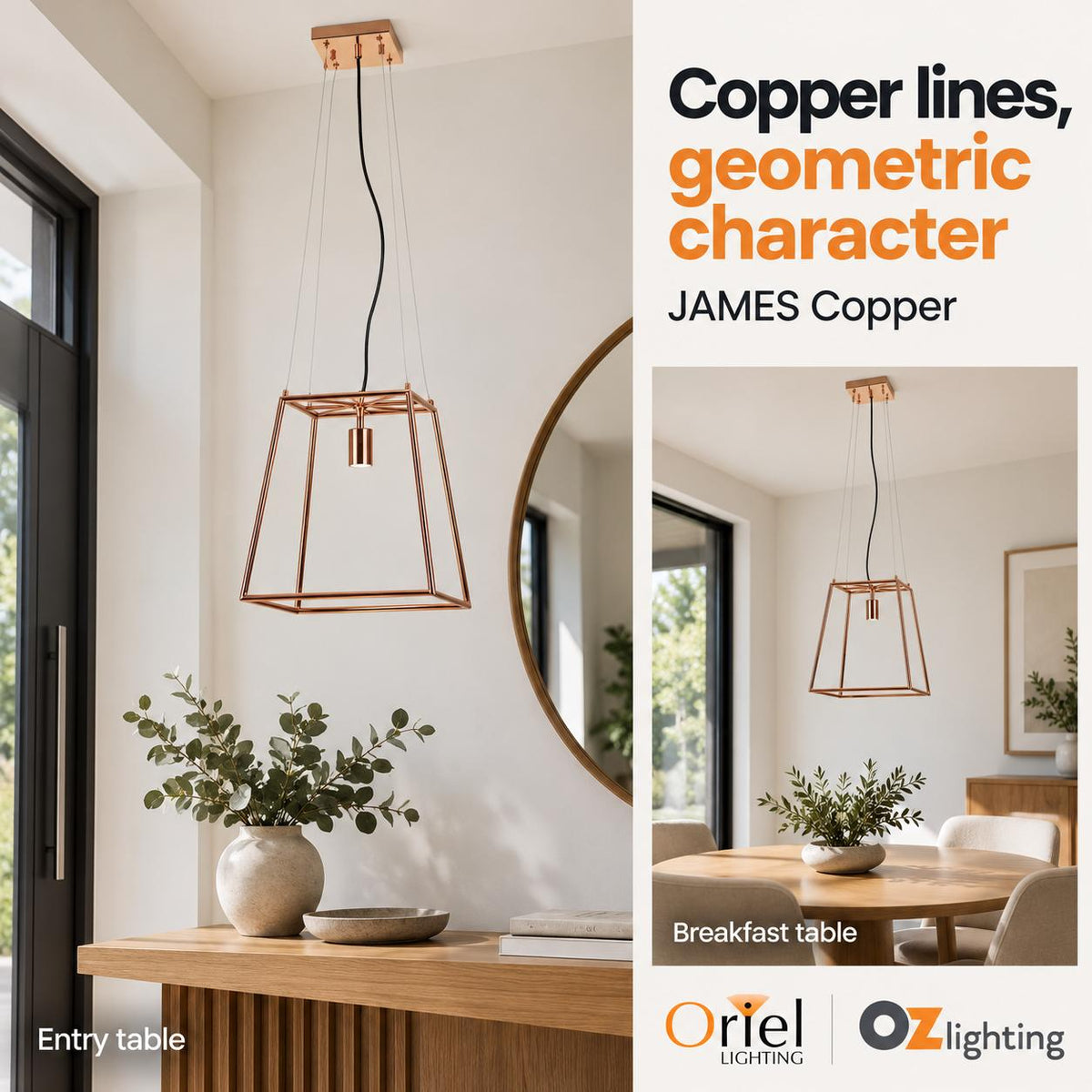 Oriel JAMES Pendant - E27, Copper-Oriel Lighting-Ozlighting.com.au