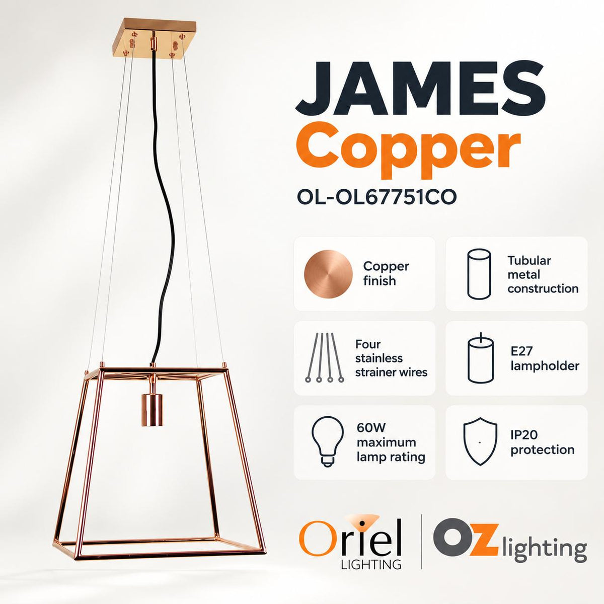 Oriel JAMES Pendant - E27, Copper-Oriel Lighting-Ozlighting.com.au