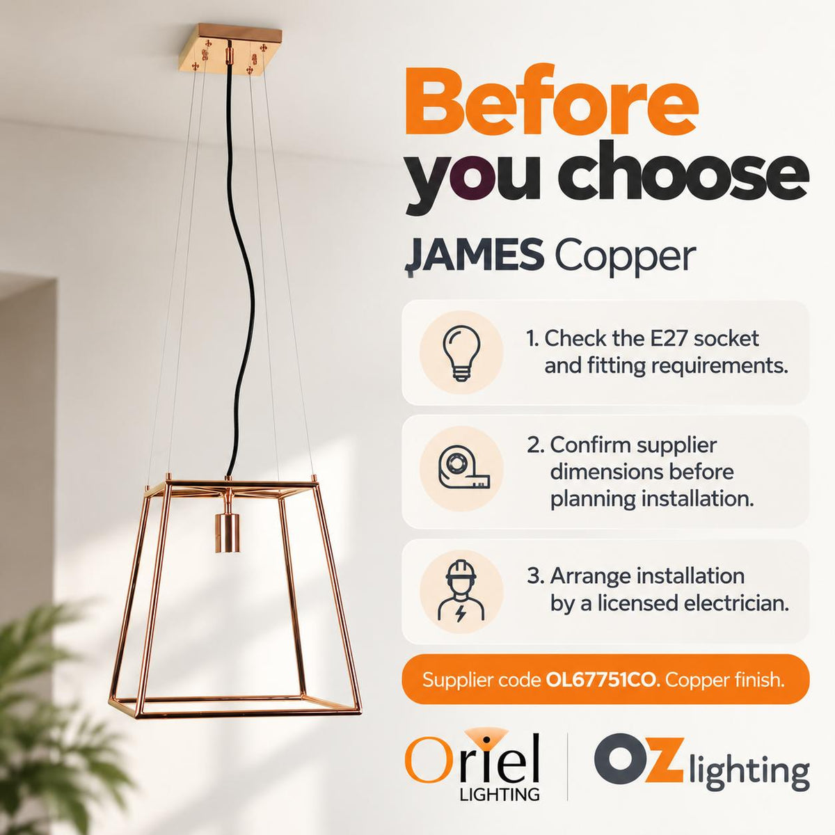 Oriel JAMES Pendant - E27, Copper-Oriel Lighting-Ozlighting.com.au