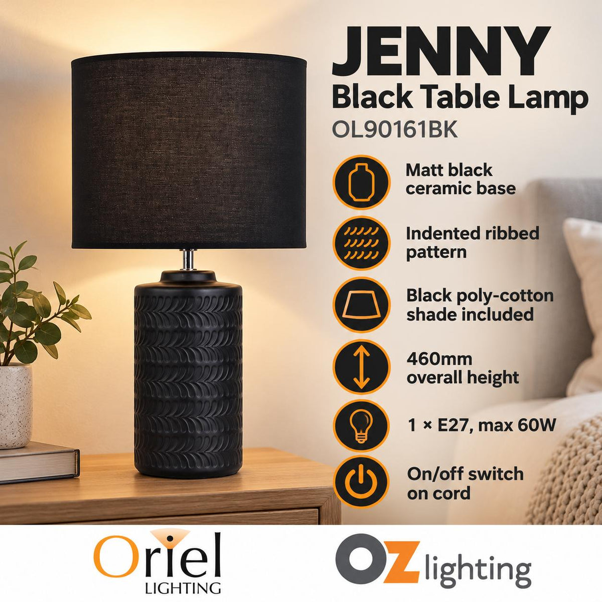 Oriel JENNY Table Lamp - Max. 60W, Ceramic-Oriel Lighting-Ozlighting.com.au