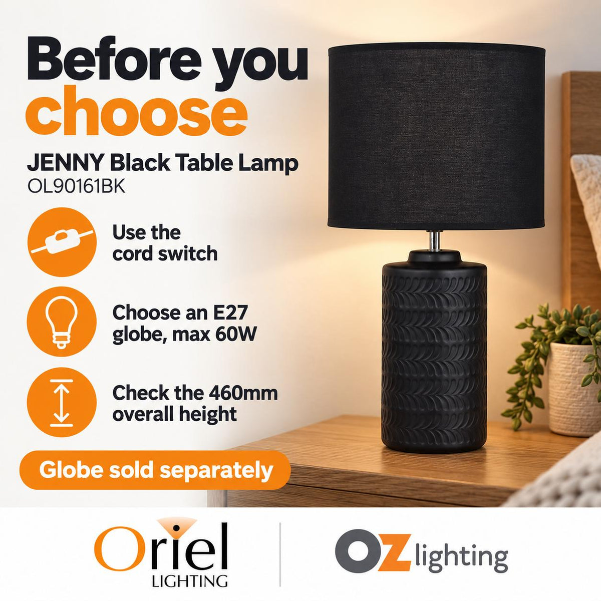 Oriel JENNY Table Lamp - Max. 60W, Ceramic-Oriel Lighting-Ozlighting.com.au
