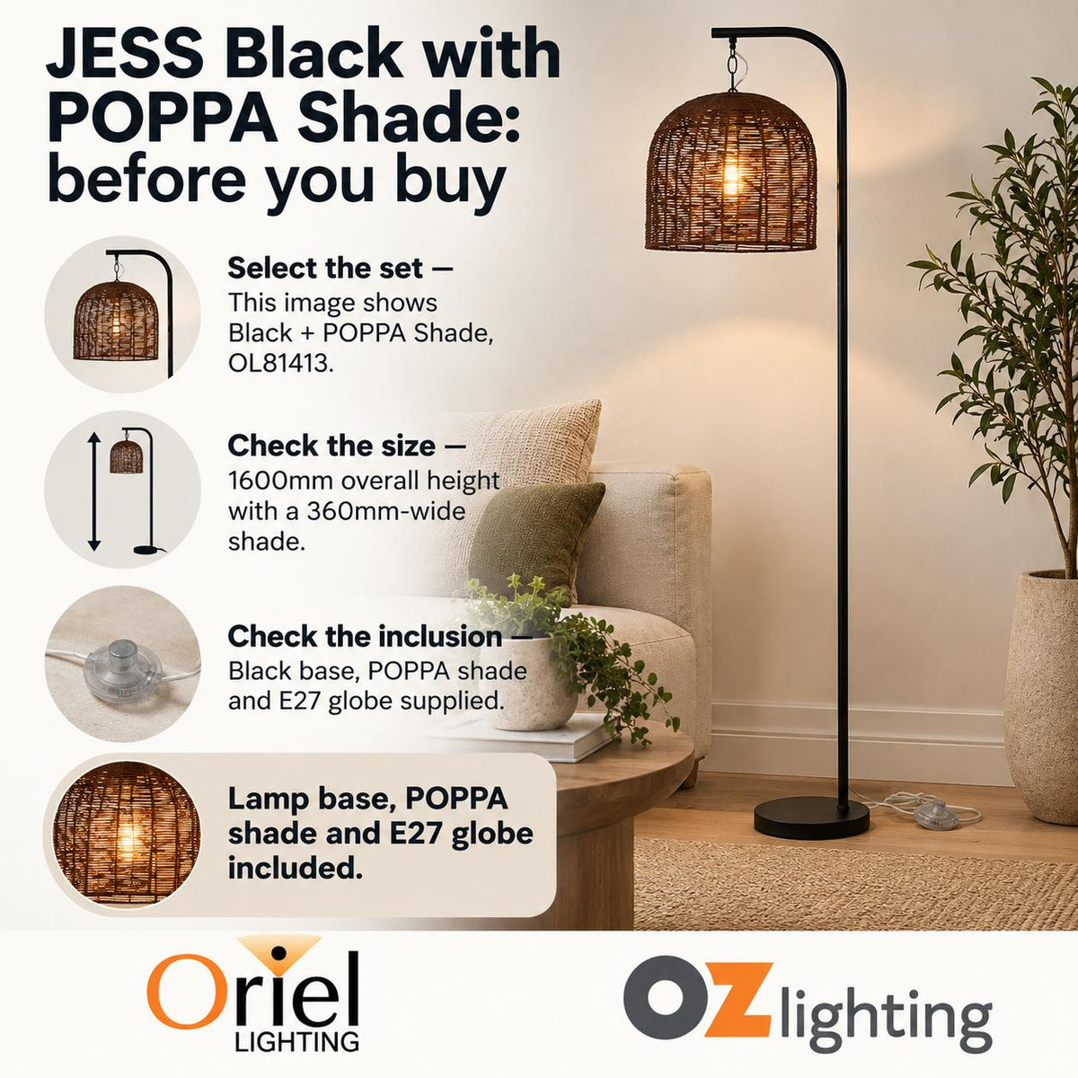 Oriel JESS Floor Lamp - Max. 60W-Oriel Lighting-Ozlighting.com.au