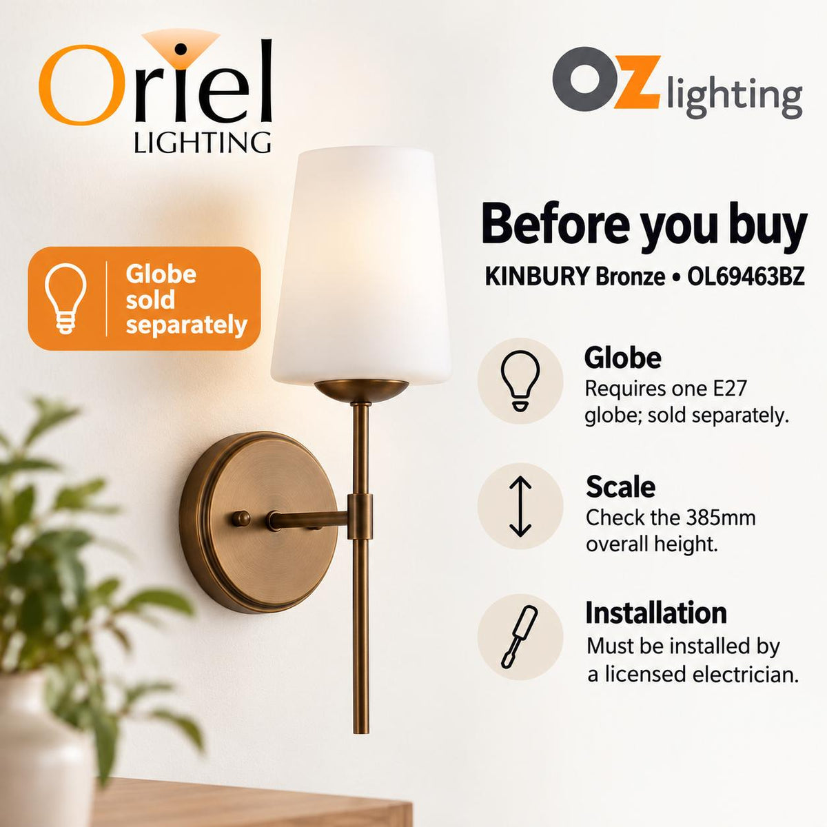 Oriel KINBURY Wall Light - Max. 60W-Oriel Lighting-Ozlighting.com.au