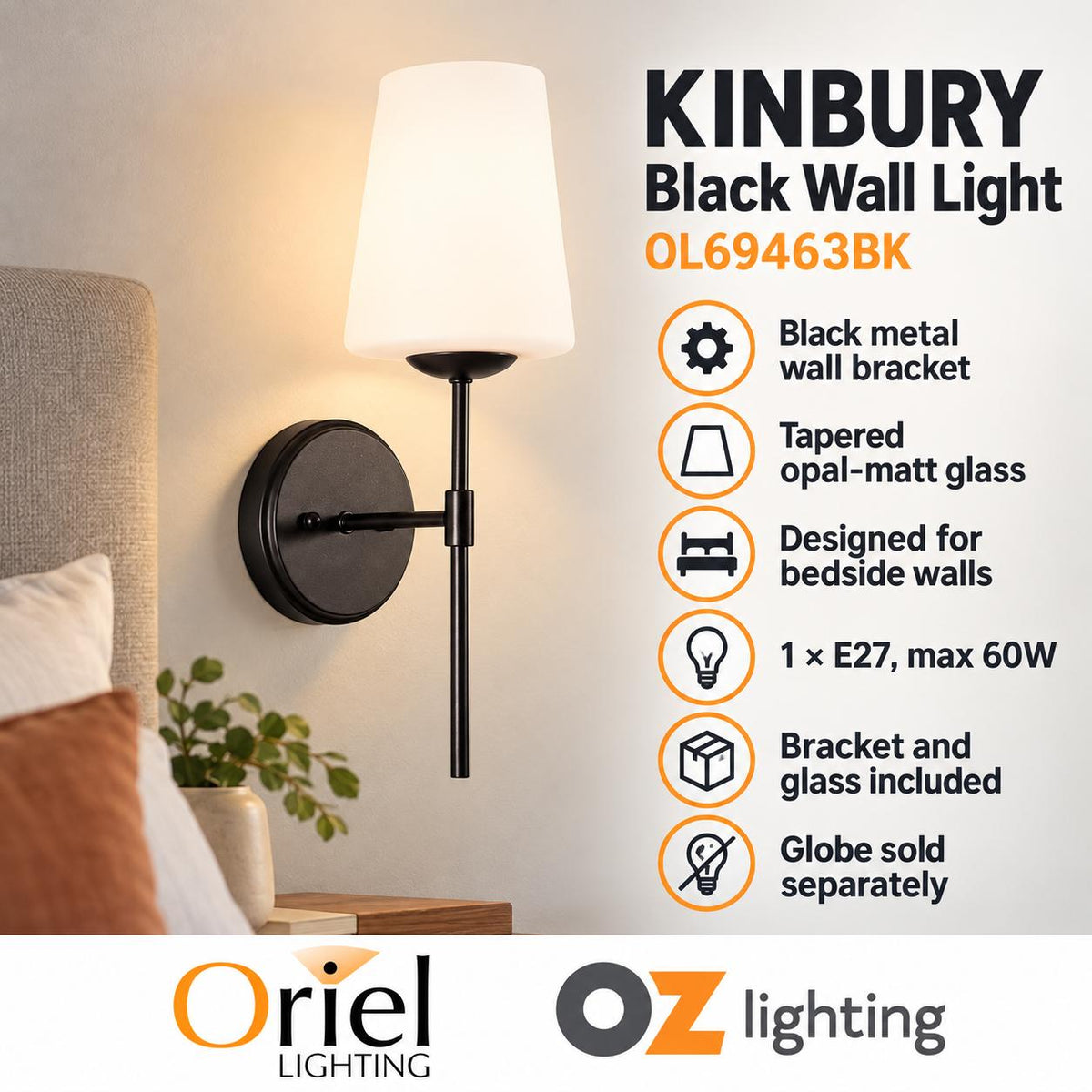 Oriel KINBURY Wall Light - Tapered Glass Bedside-Oriel Lighting-Ozlighting.com.au