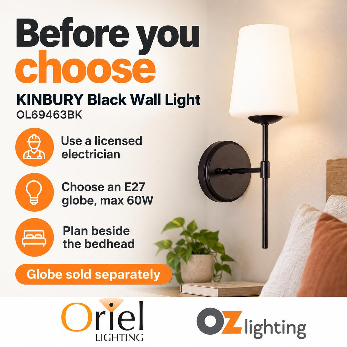 Oriel KINBURY Wall Light - Tapered Glass Bedside-Oriel Lighting-Ozlighting.com.au