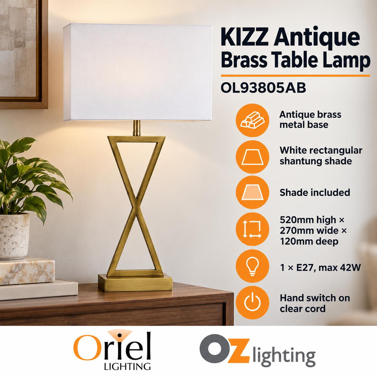 Oriel KIZZ Table Lamp - Stylish Bedside, Brass-Oriel Lighting-Ozlighting.com.au