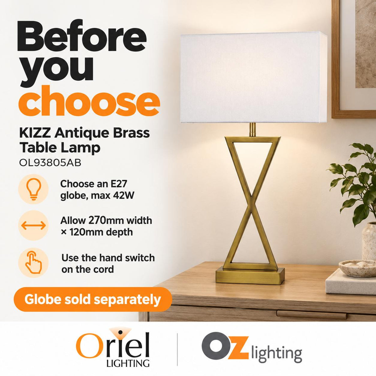 Oriel KIZZ Table Lamp - Stylish Bedside, Brass-Oriel Lighting-Ozlighting.com.au