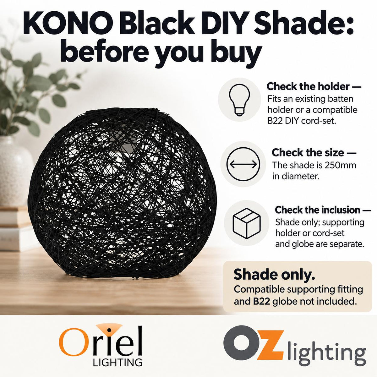 Oriel KONO DIY Batten Fix - Holder Cover Painted String Ceiling Light Shade Only-Oriel Lighting-Ozlighting.com.au